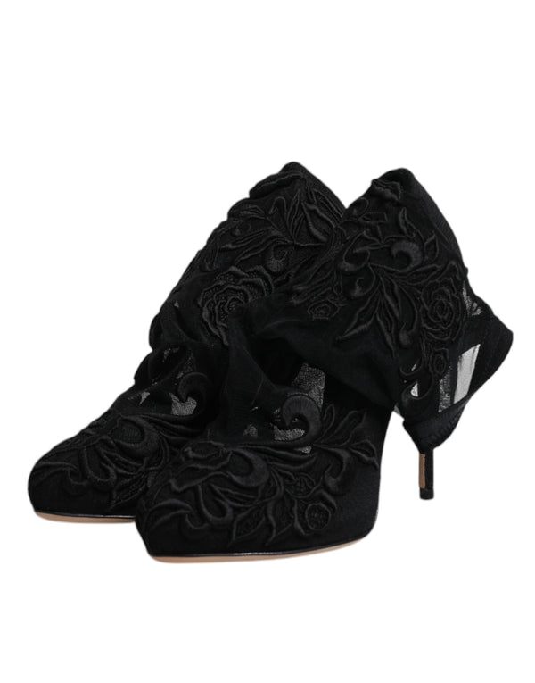 Schwarze Tüll Stretch Heels Mittlere Wadenstiefel Schuhe