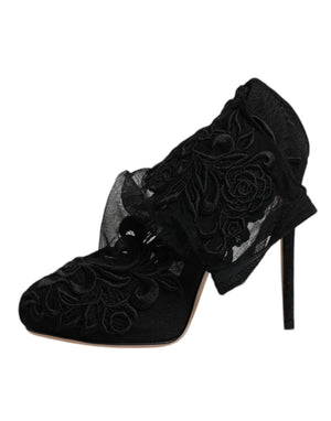Schwarze Tüll Stretch Heels Mittlere Wadenstiefel Schuhe