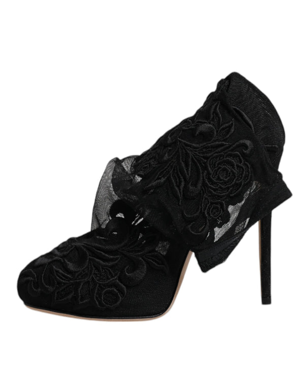 Schwarze Tüll Stretch Heels Mittlere Wadenstiefel Schuhe