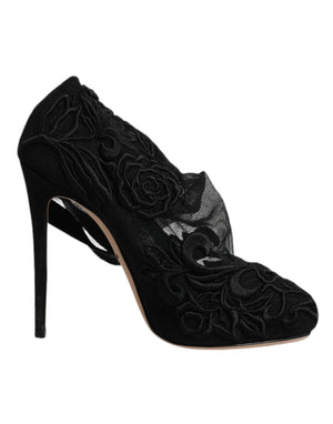 Schwarze Tüll Stretch Heels Mittlere Wadenstiefel Schuhe