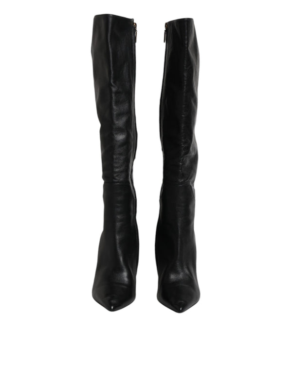 Schwarze Leder Absätze Kniehohe Stiefel Schuhe