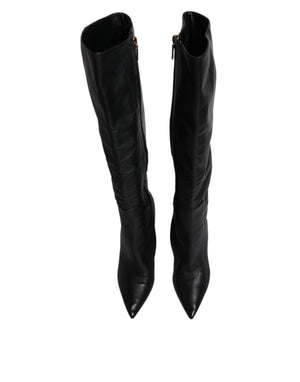 Schwarze Leder Absätze Kniehohe Stiefel Schuhe