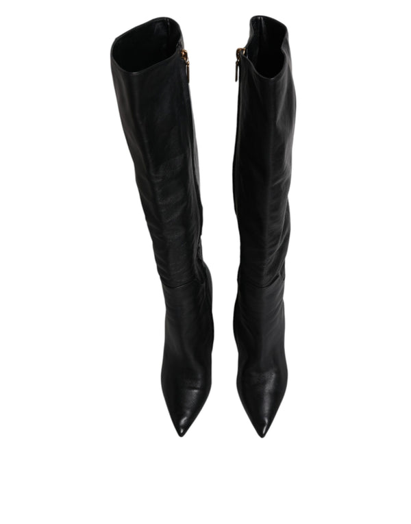 Schwarze Leder Absätze Kniehohe Stiefel Schuhe