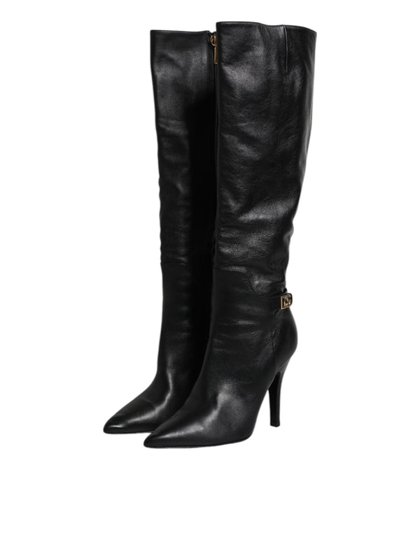 Schwarze Leder Absätze Kniehohe Stiefel Schuhe