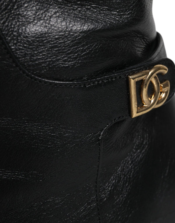 Schwarze Leder Absätze Kniehohe Stiefel Schuhe