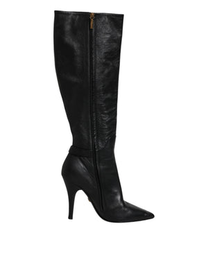 Schwarze Leder Absätze Kniehohe Stiefel Schuhe