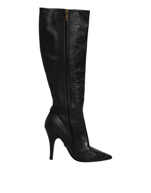 Schwarze Leder Absätze Kniehohe Stiefel Schuhe