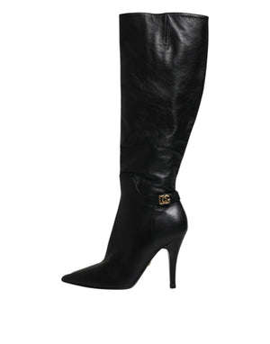 Schwarze Leder Absätze Kniehohe Stiefel Schuhe