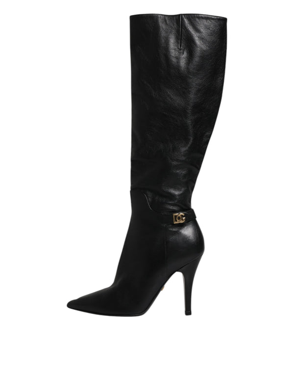 Schwarze Leder Absätze Kniehohe Stiefel Schuhe