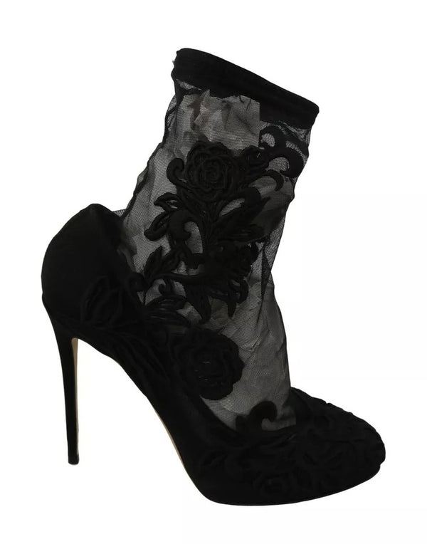 Schwarz Tüll Stretch Floral Booties Schuhe