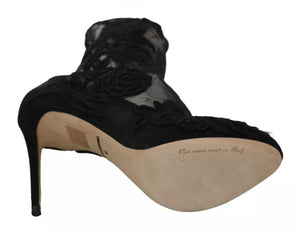 Schwarz Tüll Stretch Floral Booties Schuhe