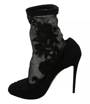 Schwarz Tüll Stretch Floral Booties Schuhe