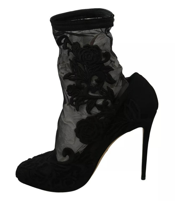 Schwarz Tüll Stretch Floral Booties Schuhe