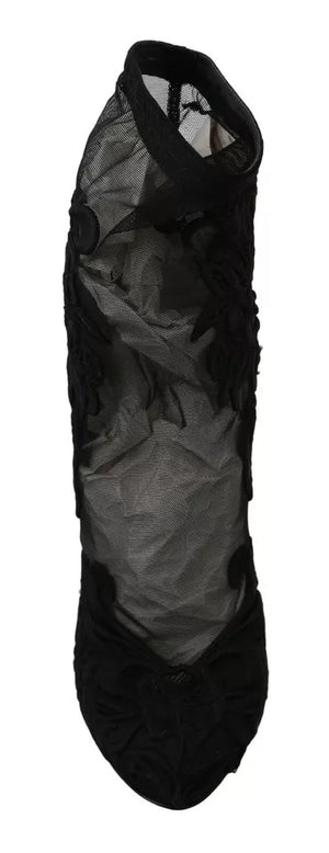Schwarz Tüll Stretch Floral Booties Schuhe