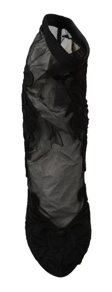 Schwarz Tüll Stretch Floral Booties Schuhe