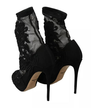 Schwarz Tüll Stretch Floral Booties Schuhe