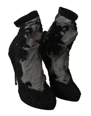 Schwarz Tüll Stretch Floral Booties Schuhe