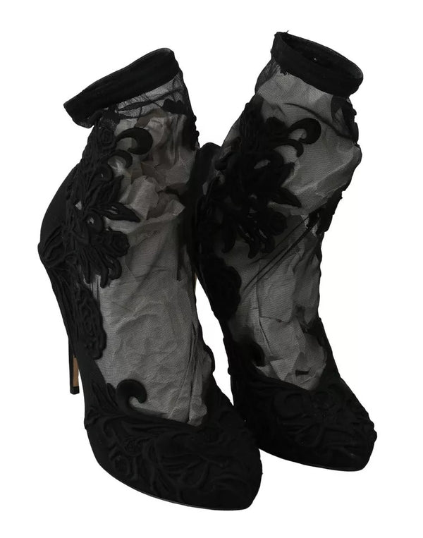 Schwarz Tüll Stretch Floral Booties Schuhe