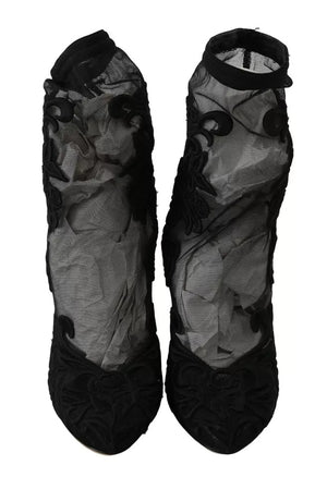 Schwarz Tüll Stretch Floral Booties Schuhe