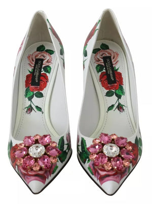 Weißes Leder Rosen Kristall Pumps Schuhe