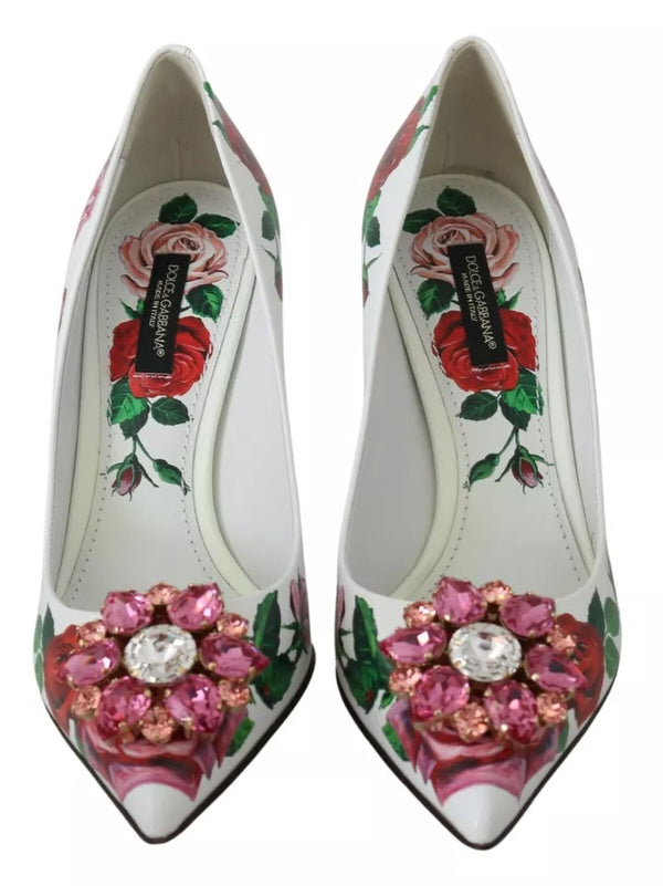 Weißes Leder Rosen Kristall Pumps Schuhe