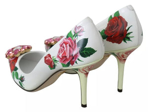 Weißes Leder Rosen Kristall Pumps Schuhe