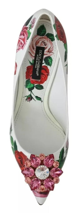 Weißes Leder Rosen Kristall Pumps Schuhe