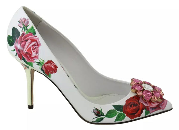 Weißes Leder Rosen Kristall Pumps Schuhe