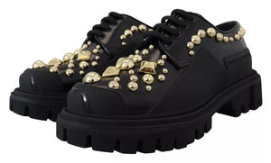 Schwarze Leder Trekking Derby verschönerte Schuhe