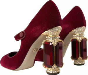 Rot Samt Gold Kristalle Heels Mary Janes Schuhe