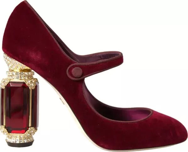 Rot Samt Gold Kristalle Heels Mary Janes Schuhe