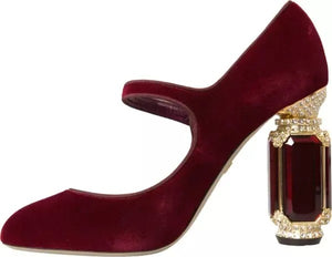 Rot Samt Gold Kristalle Heels Mary Janes Schuhe