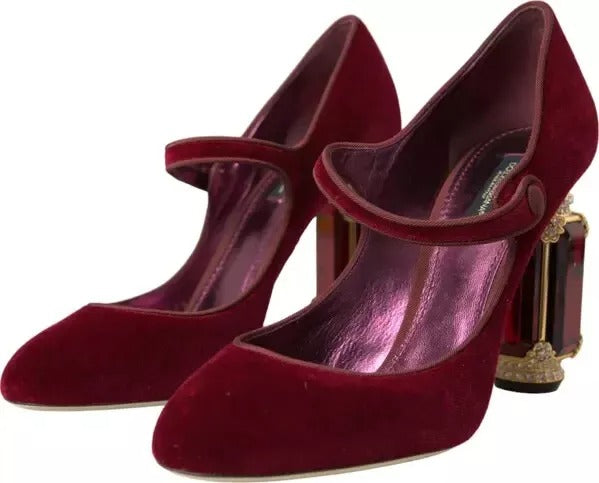 Rot Samt Gold Kristalle Heels Mary Janes Schuhe