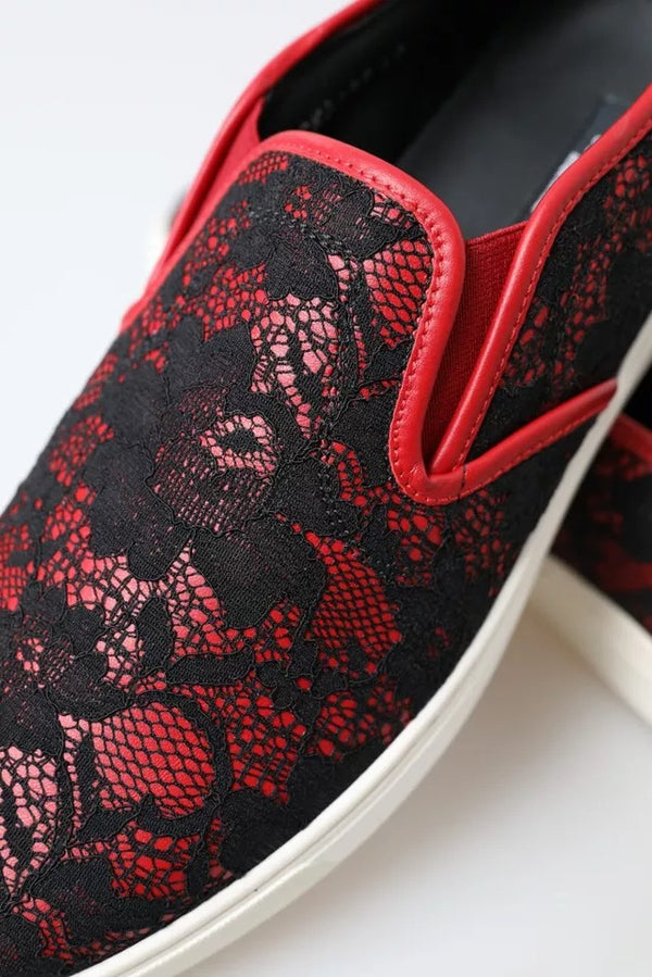 Schwarz Rot Spitze Slip On Low Top Sneakers Schuhe