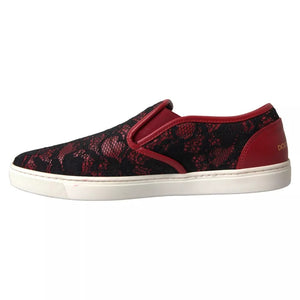 Schwarz Rot Spitze Slip On Low Top Sneakers Schuhe