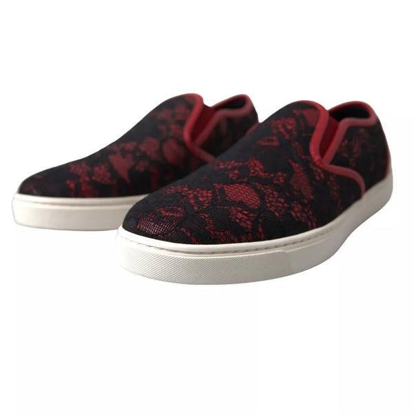Schwarz Rot Spitze Slip On Low Top Sneakers Schuhe