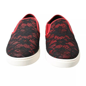Schwarz Rot Spitze Slip On Low Top Sneakers Schuhe