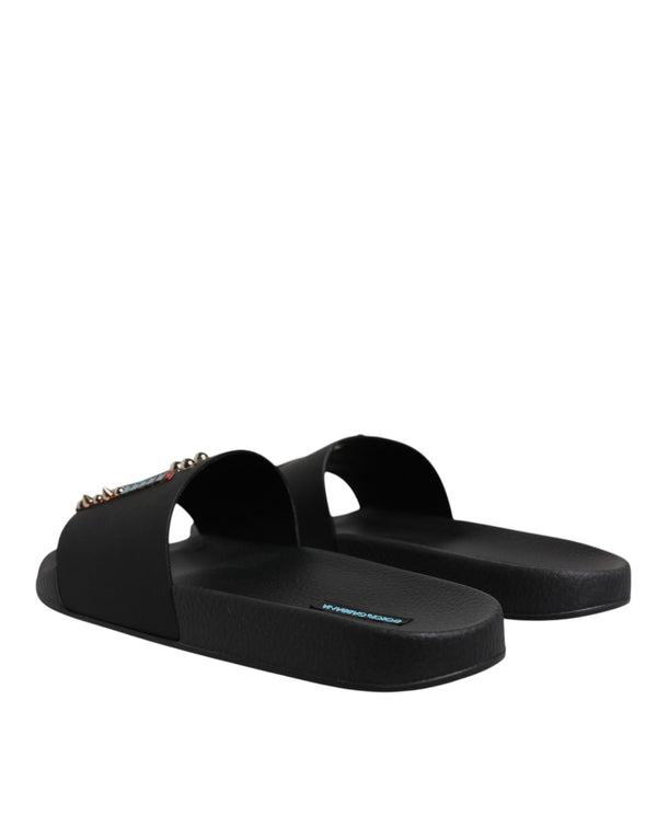 Schwarz Divers Leder Flats Slides Sandalen Beachwear Schuhe
