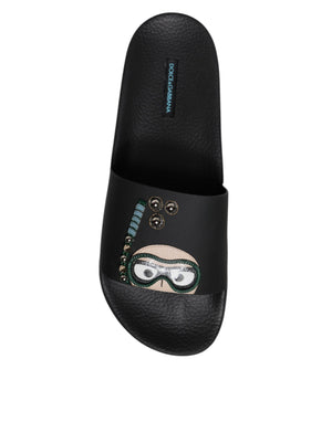 Schwarz Divers Leder Flats Slides Sandalen Beachwear Schuhe