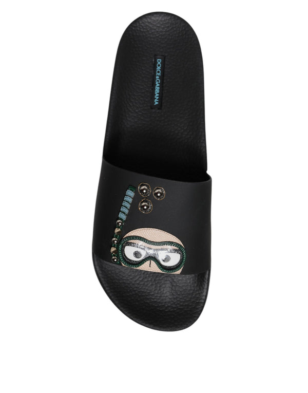 Schwarz Divers Leder Flats Slides Sandalen Beachwear Schuhe