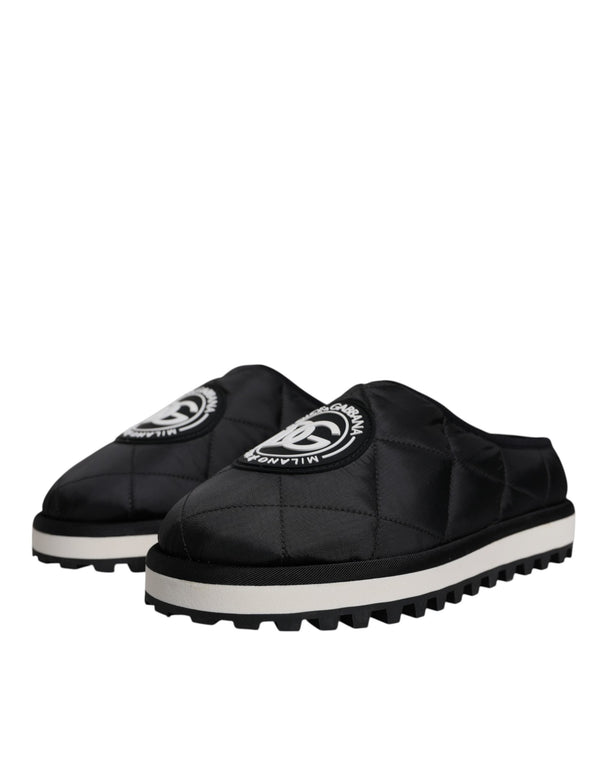 Schwarz Nylon gesteppt Logo Patch Sandalen Rutschen Schuhe