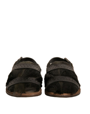 Grüne Gazelle Haar Leder Flats Sandalen Schuhe