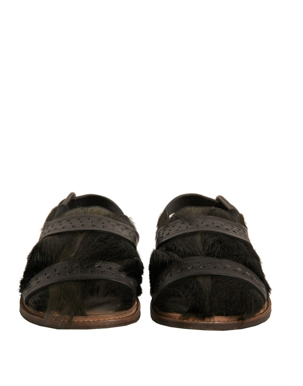 Grüne Gazelle Haar Leder Flats Sandalen Schuhe