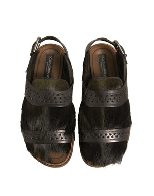 Grüne Gazelle Haar Leder Flats Sandalen Schuhe