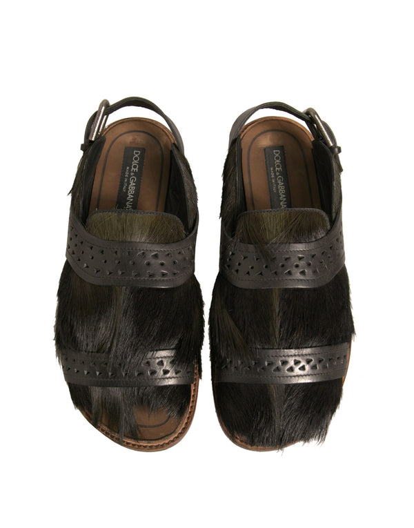 Grüne Gazelle Haar Leder Flats Sandalen Schuhe