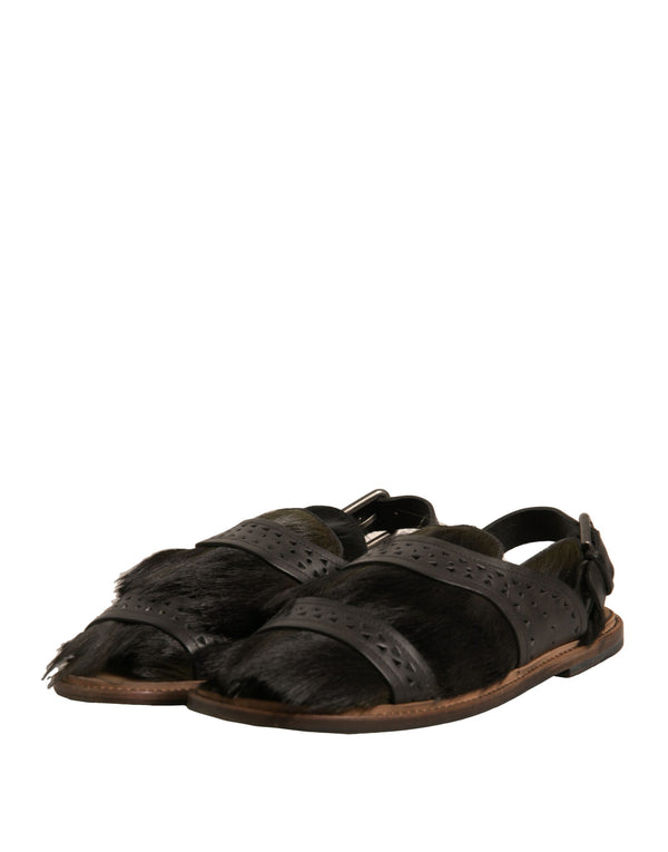 Grüne Gazelle Haar Leder Flats Sandalen Schuhe