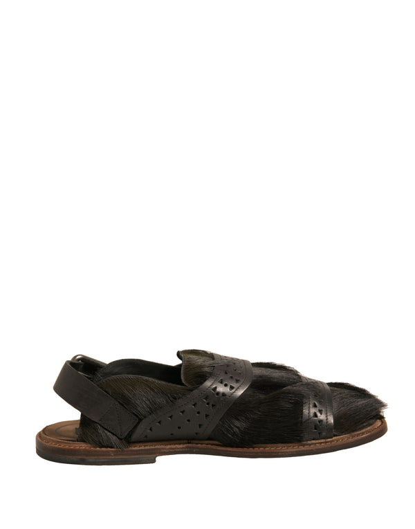 Grüne Gazelle Haar Leder Flats Sandalen Schuhe