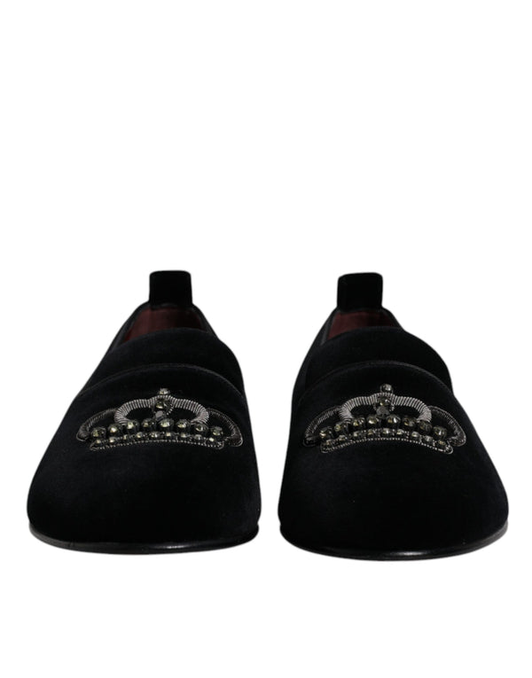 Schwarzer Samt Kristallkrone Loafers Formelle Kleid Schuhe