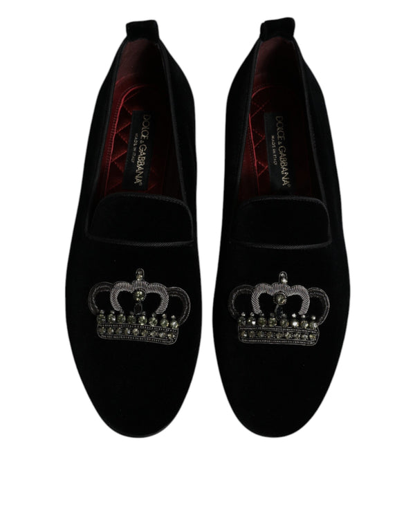 Schwarzer Samt Kristallkrone Loafers Formelle Kleid Schuhe