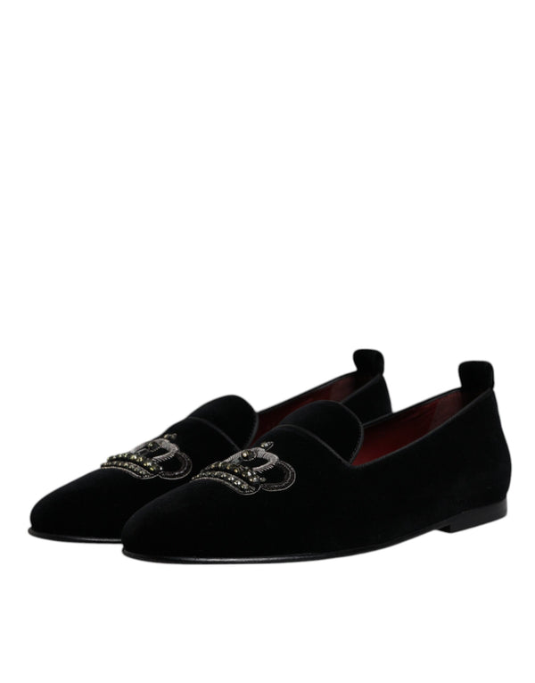 Schwarzer Samt Kristallkrone Loafers Formelle Kleid Schuhe